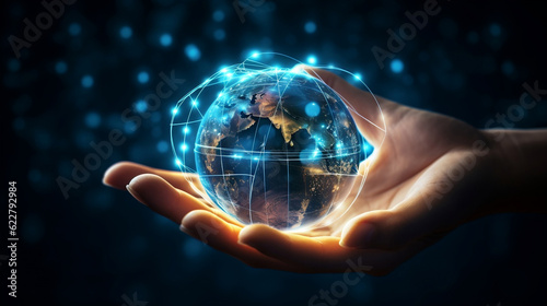 Hand holding Global network connection to big data around the world.a nd tecnology internet metaverse concept, Generative Ai