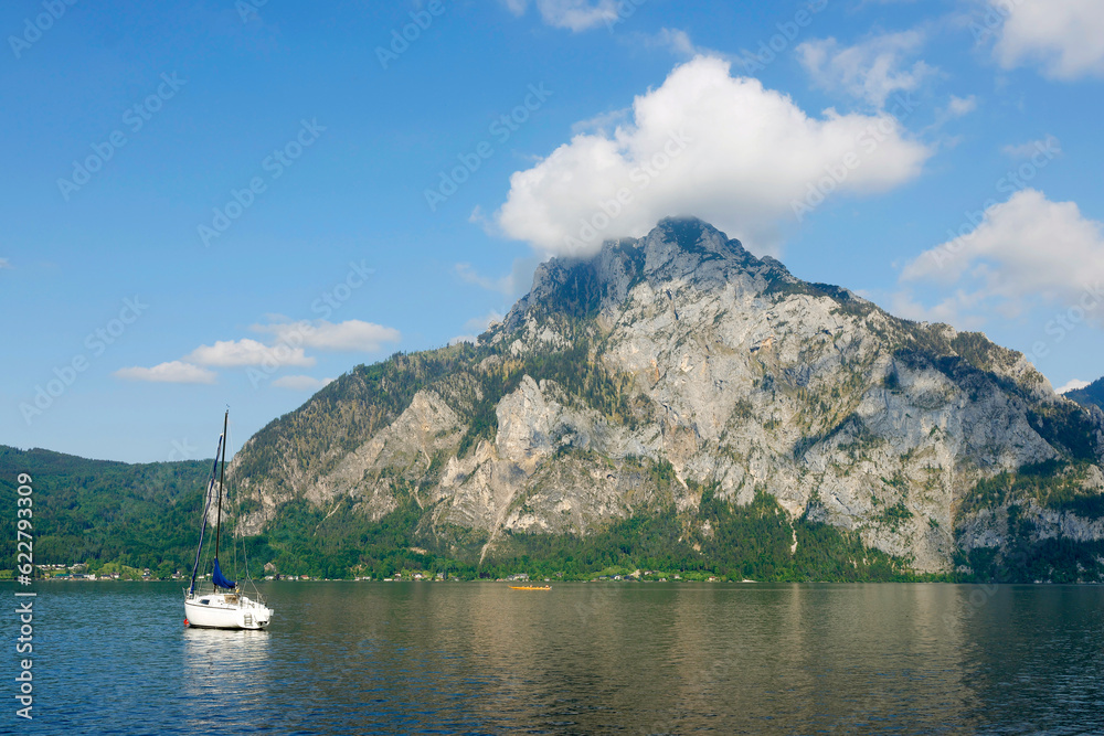 Summer landscape of Traunstein at Traunsee lake, landscape photo of lake and mountains near Gmunden, Austria, Europe
