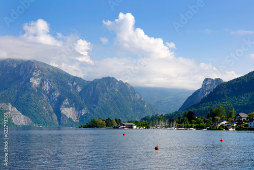 Panoramic view of Traunstein at Traunsee lake during sunset, landscape photo of lake and mountains near Gmunden, Austria, Europe
