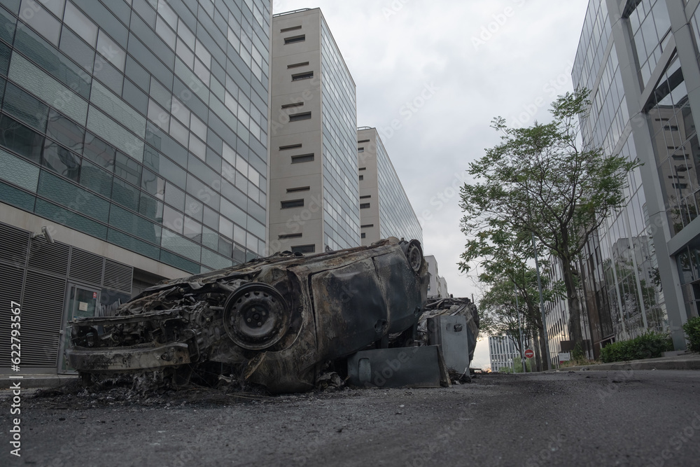 Several cars burned and destroyed during the riots for Nahel in Nanterre, Hauts de Seine, France - June 29, 2023	