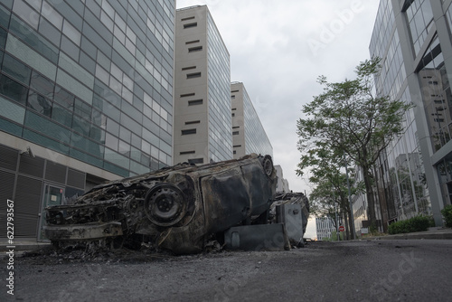 Several cars burned and destroyed during the riots for Nahel in Nanterre, Hauts de Seine, France - June 29, 2023	 photo