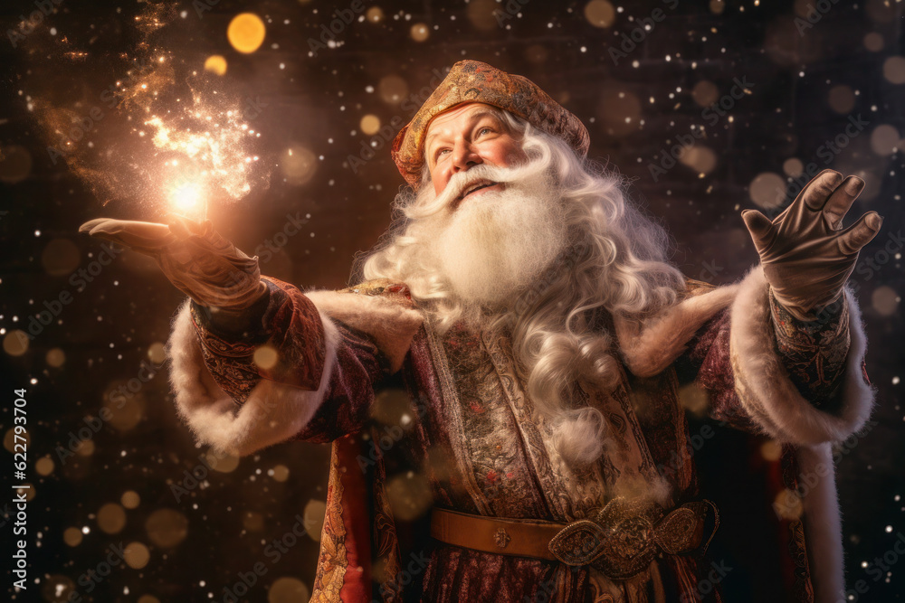 Santa Claus lights up the magic lights at night. merry christmas and new year! generative ai, generative, ai