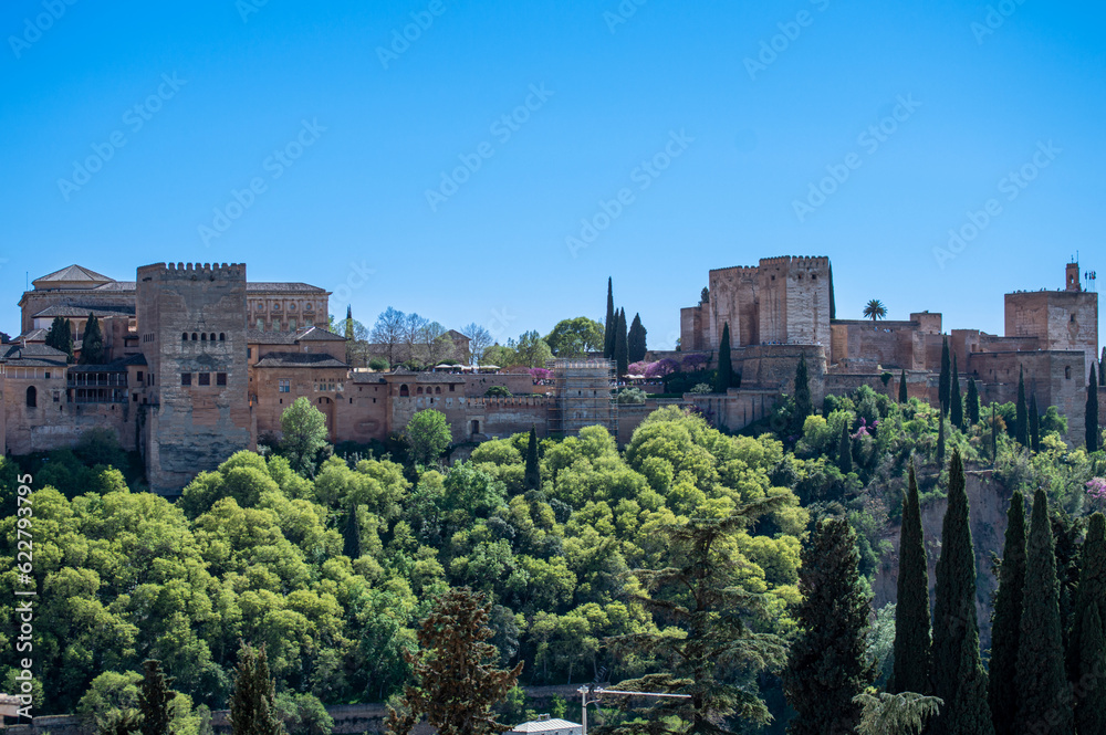 Panoramic view of ancient arabic fortress of Alhambra in Granada, Spain on April 5, 2023