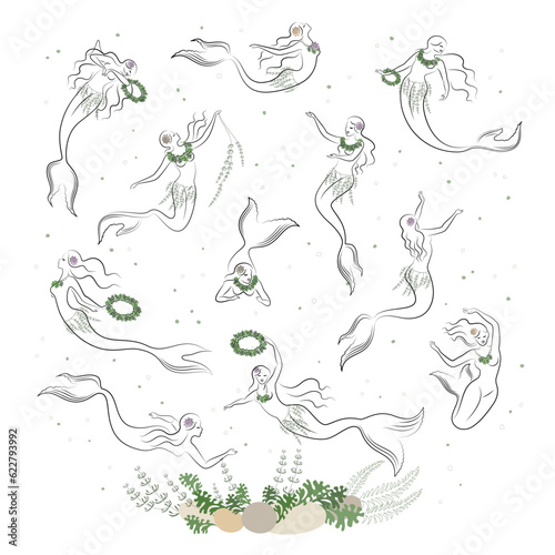 Mermaid silhouette. Beautiful girls swim in the water, dance. The lady is young and slim. Fantastic fairy tale image of algae, plants. vector illustration set.