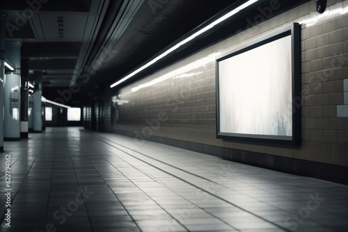 Lonely subway station with blank screen on the wall, showcasing potential for art or advertisement. Urban art concept in abandoned underground. AI Generative.