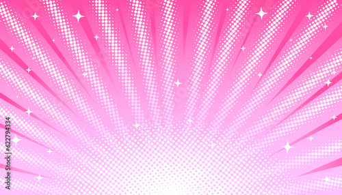 Pink pastel light rays background with halftone effect and stars in manga, comics style.