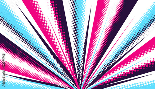 Pink-blue motley background of rays of light, explosion with halftone effect in the style of manga, comics.