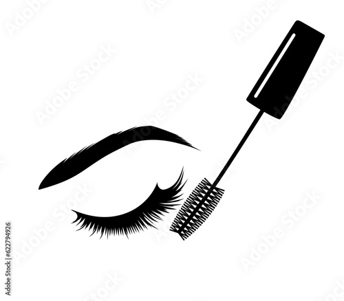 Realistic female closed eye with long eyelashes. Brush for applying mascara to eyelashes.