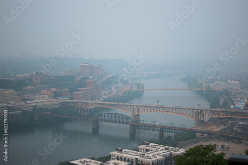 View of Monongahela River with poor air quality and haze caused by the Canadian wildfire smoke  Pittsburgh  PA