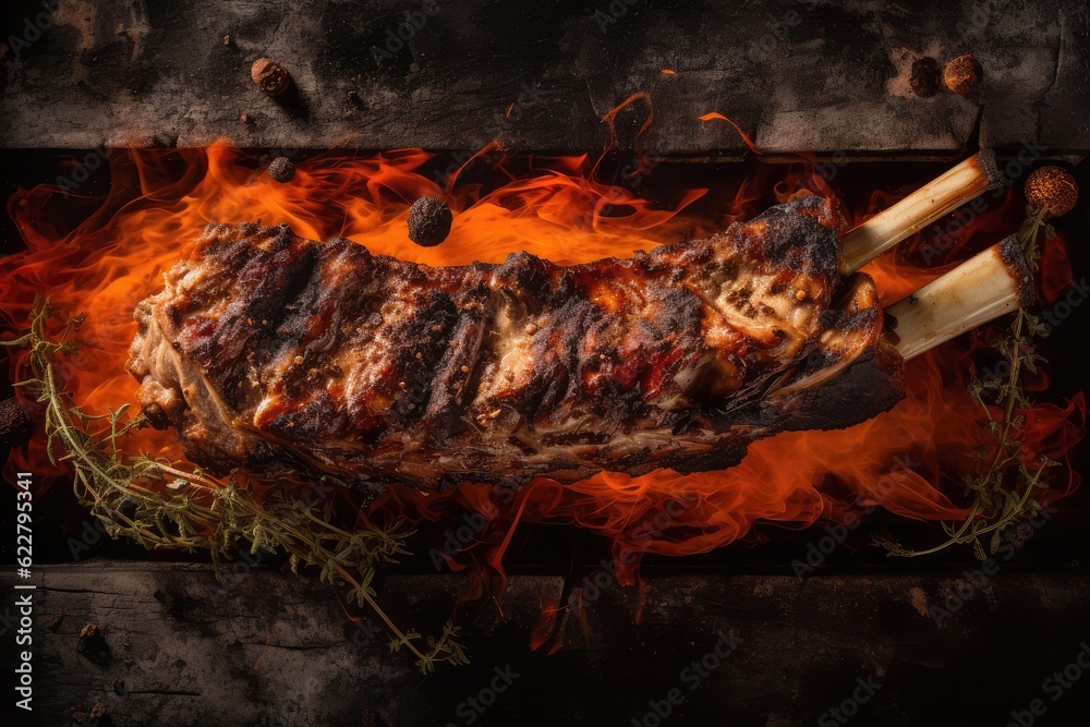 Grilled Ribs, Lamb Barbecue, Roasted Meat on Dark Background, Abstract Generative AI Illustration Grilled Ribs, Lamb Barbecue, Roasted Meat on Dark Background, Abstract Generative AI Illustration