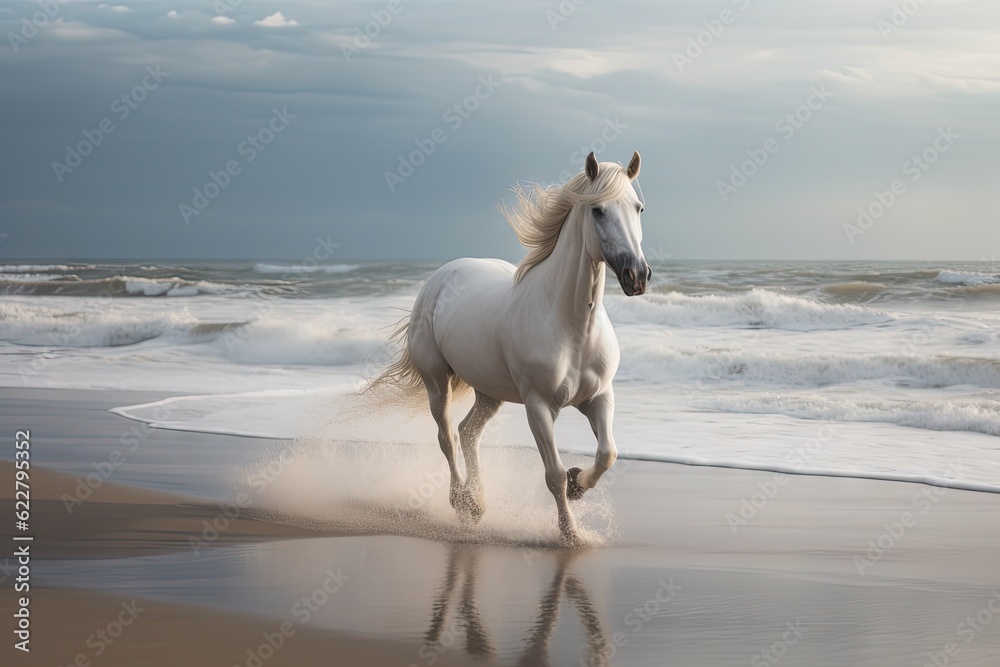 White Horse in Wild, Running Stallion by Seaside, Beautiful Horse, Abstract Generative AI Illustration White Horse in Wild, Running Stallion by Seaside, Beautiful Horse, Abstract Generative AI Illustration