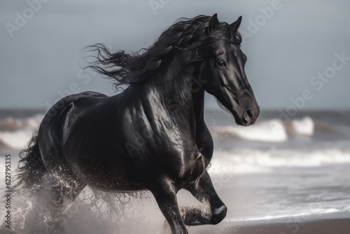 Black Horse in Wild  Running Stallion by Seaside  Abstract Generative AI Illustration