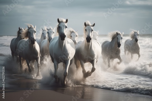 White Horse Herd in Wild  Running Stallion by Seaside  Beautiful Horse  Abstract Generative AI Illustration