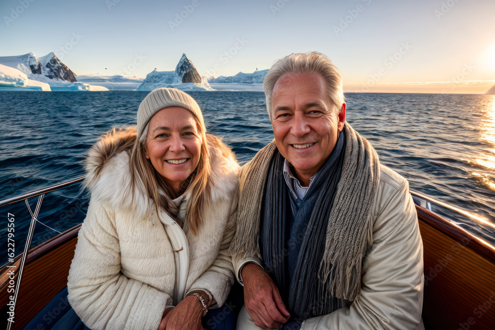Digital portrait of happy laughing retired scandinavian couple, enjoying the sunset on the luxury yacht in Antarctica. Concept of active age. Generative AI