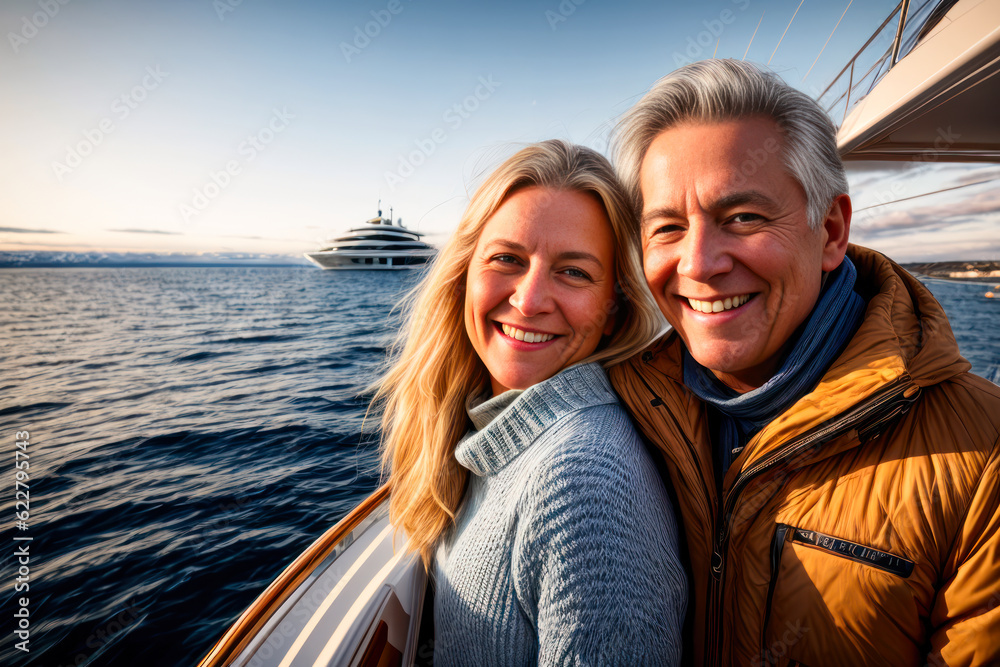 Digital portrait of happy laughing retired scandinavian couple, enjoying the sunset on the luxury yacht in Antarctica. Concept of active age. Generative AI