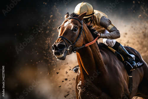 Foto Jockey on racing horse
