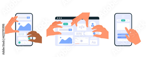 Vector illustration set of web UI-UX design. Human hands working on web interface design for website or mobile application.