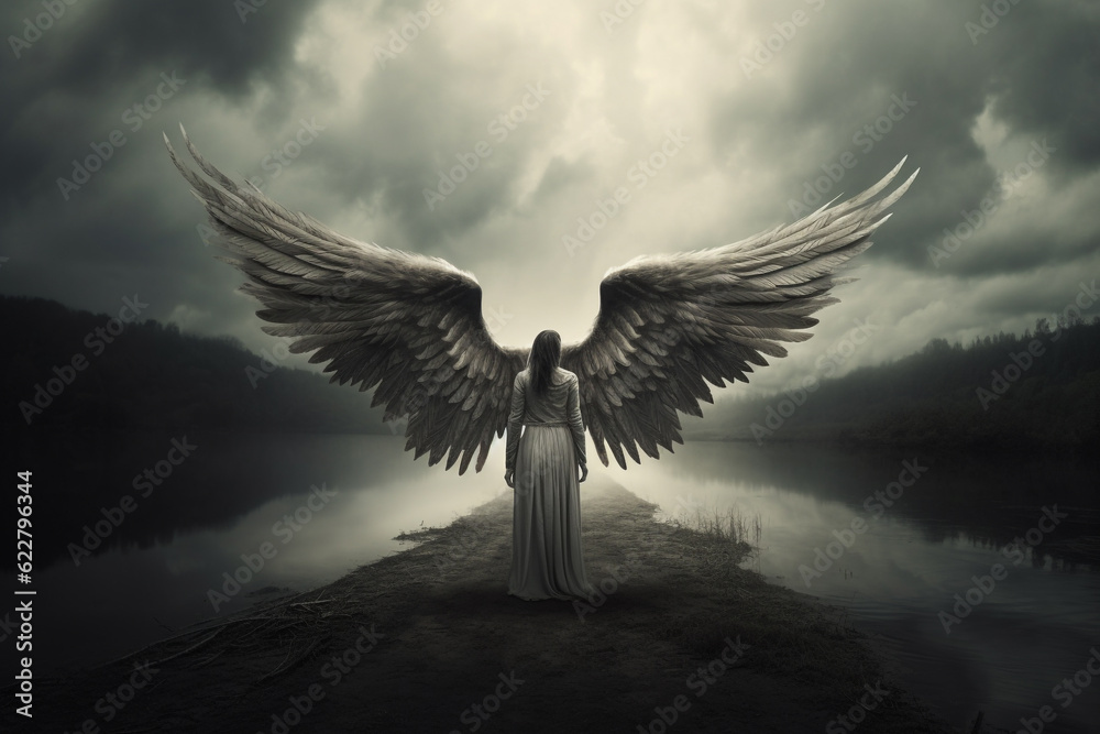 Obraz premium Religion, fantasy, fashion, good and evil concept. Abstract and surreal looking angel with wings illustration. Generative AI
