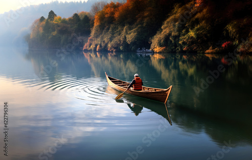 Billede på lærred Person rowing on a calm lake in autumn, small boat with serene water around