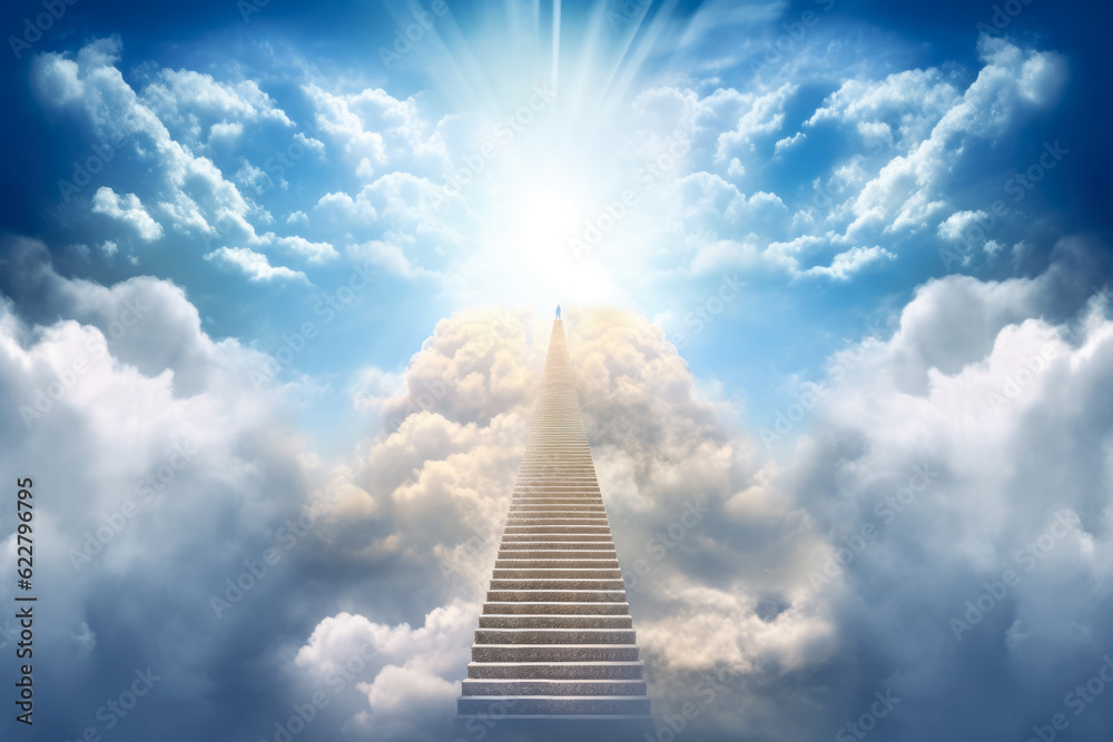 Stairway to heaven, stone staircase leading to orange yellow glow in distance, small person silhouette at end of stairs, clouds around. Generative AI