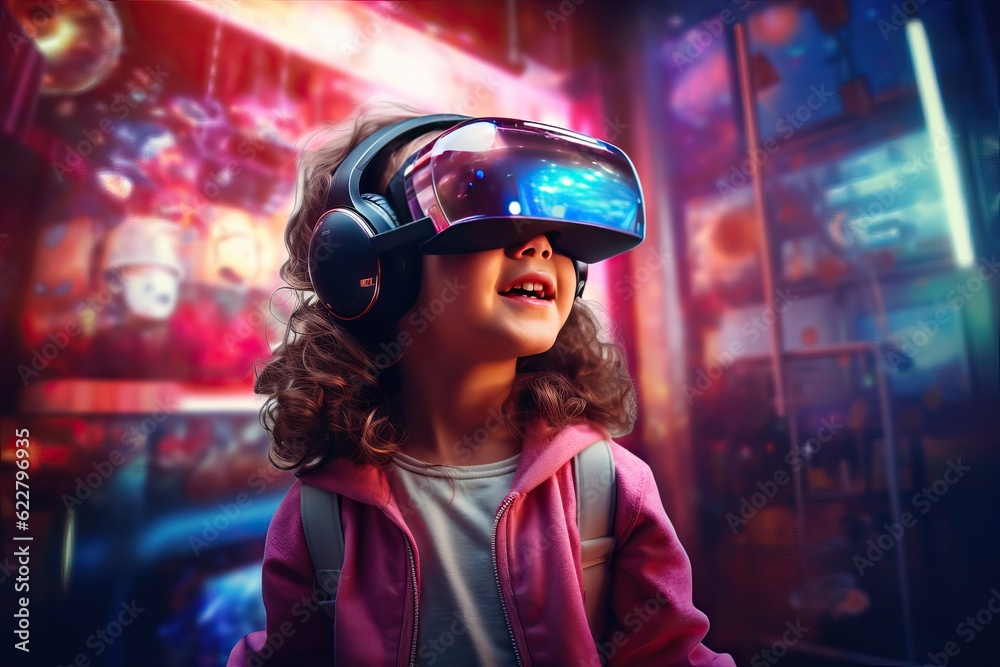 Addiction of children on the virtual world and entertainment. Little girl wearing VR glasses in neon light. Digitalization of society and escape from reality into a beautiful virtual world. Addiction of children on the virtual world and entertainment. Little girl wearing VR glasses in neon light. Digitalization of society and escape from reality into a beautiful virtual world.