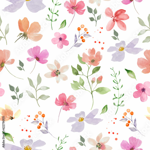 Watercolor floral seamless pattern. Hand drawn illustration isolated on white background. 