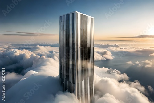 Sky-High Aspirations: Captivating Image of a Modern Skyscraper Breaking Through Clouds, a Powerful Symbol of Human Ambition and Progress