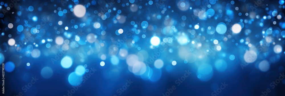 Banner. Abstract blue background with bokeh and sparkles, holiday. AI generative.