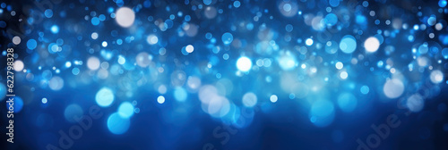 Banner. Abstract blue background with bokeh and sparkles, holiday. AI generative.