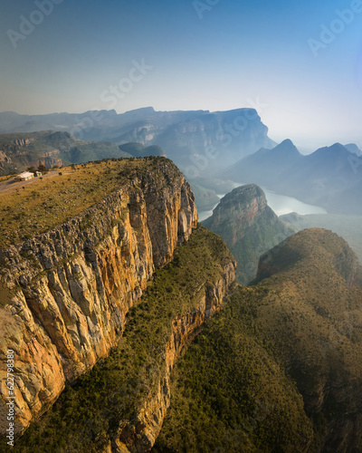 Aerial view of Mpumalanga mountain landscape at Three Rondawels Blyde River Canyon, South Africa.