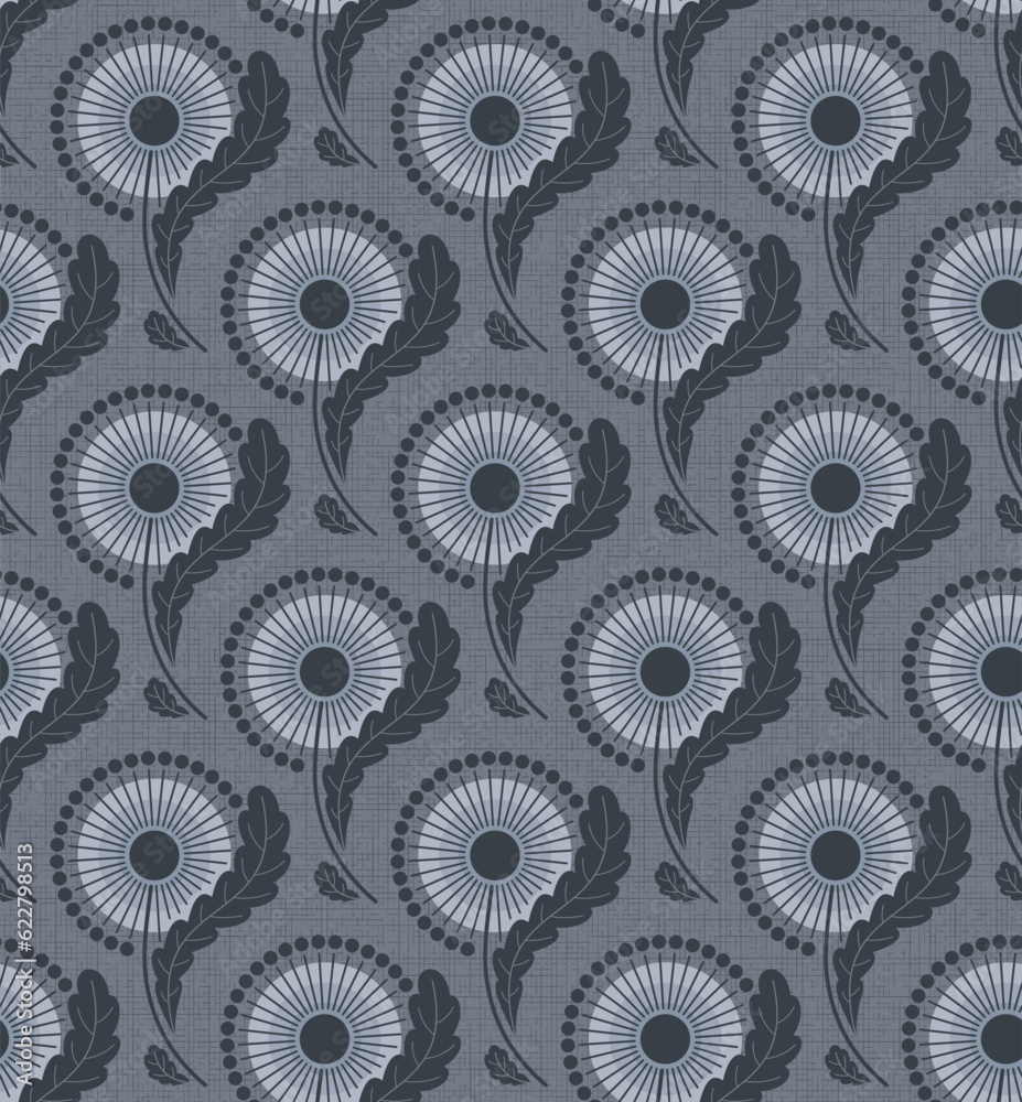 GREY BLUE TEXTURED VECTOR SEAMLESS BACKGROUND WITH BLOOMING DANDELIONS IN ART NOUVEAU STYLE GREY BLUE TEXTURED VECTOR SEAMLESS BACKGROUND WITH BLOOMING DANDELIONS IN ART NOUVEAU STYLE
