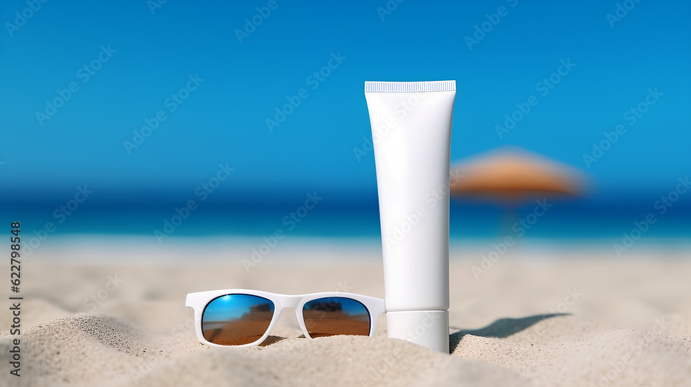 Sun lotion, sunscreen and glasses on a sandy beach. Summer vacation and skin care, protection from UV spf. Generative AI.
