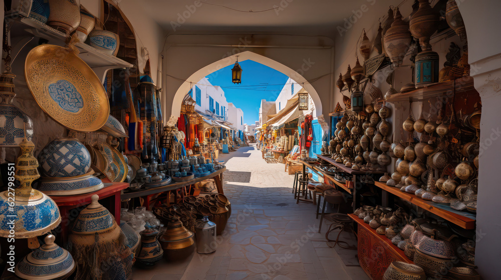 Colorful shopping street in the style of Djerba featuring pottery, fabrics and Arab lamps in a classic Tunisian market atmosphere - Houmt Souk and Midoun. Generative AI.