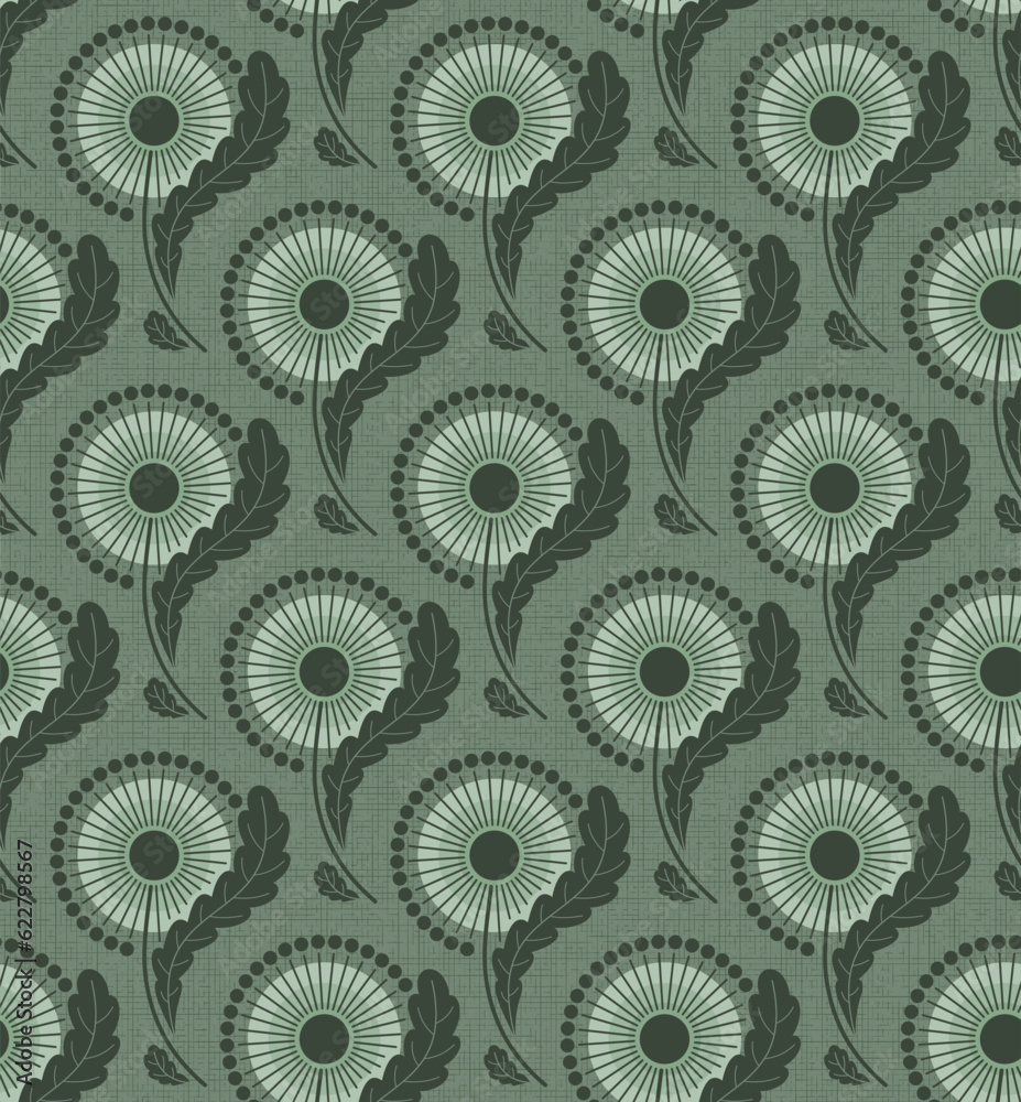 MINT GREEN TEXTURED VECTOR SEAMLESS BACKGROUND WITH BLOOMING DANDELIONS IN ART NOUVEAU STYLE MINT GREEN TEXTURED VECTOR SEAMLESS BACKGROUND WITH BLOOMING DANDELIONS IN ART NOUVEAU STYLE
