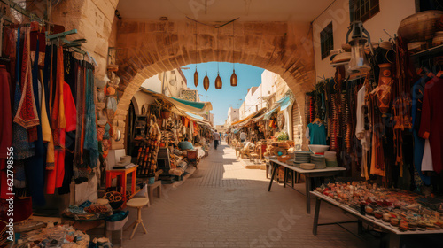 Colorful shopping street in the style of Djerba featuring pottery, fabrics and Arab lamps in a classic Tunisian market atmosphere - Houmt Souk and Midoun. Generative AI. © Zephyrfoto