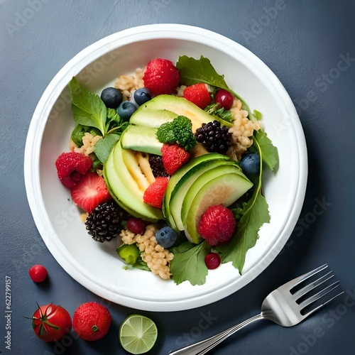 A refreshing breakfast salad is beautifully arranged on a pristine white plate  offering a vibrant and nutritious start to the day - Generative AI Technology