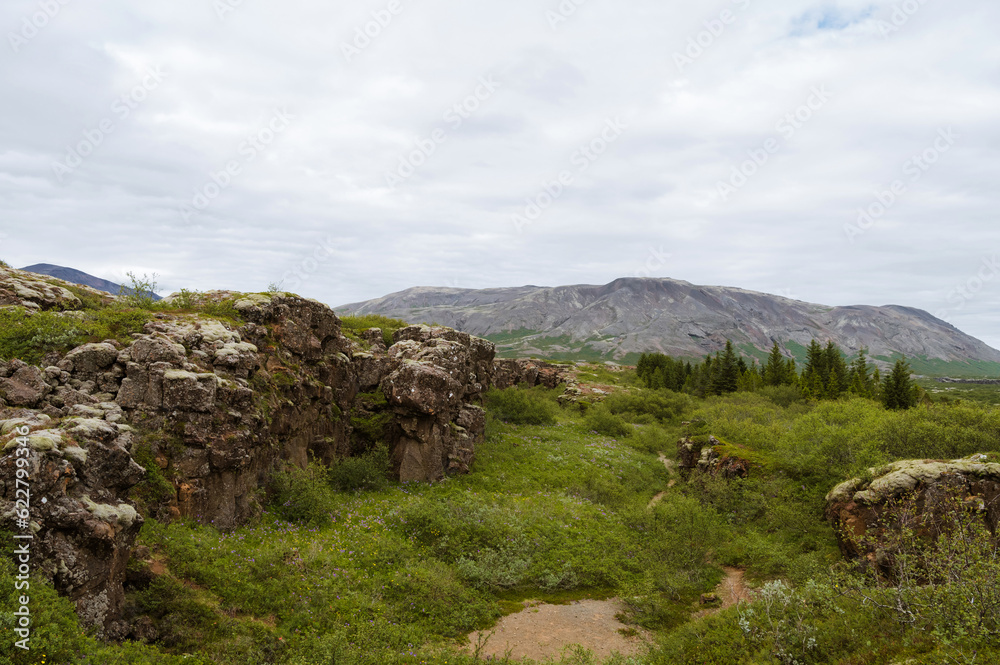 Beautiful nature in Iceland. Scenic Icelandic landscape at cloudy day. Hills, huge rocks, green grass.