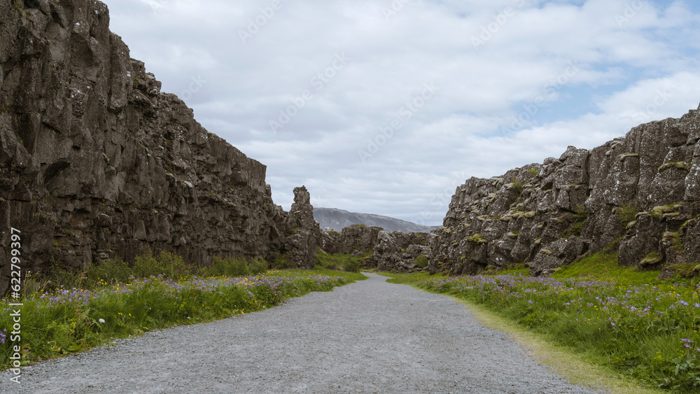 Beautiful nature in Iceland. Scenic Icelandic landscape at cloudy day. Hiking path in hollow between the stone rocks called Dead man walk.