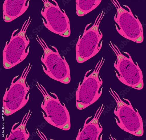 DARK LILAC VECTOR RETRO SEAMLESS BACKGROUND WITH BRIGHT PINK DRAGON FRUIT SLICES IN POP ART STYLE