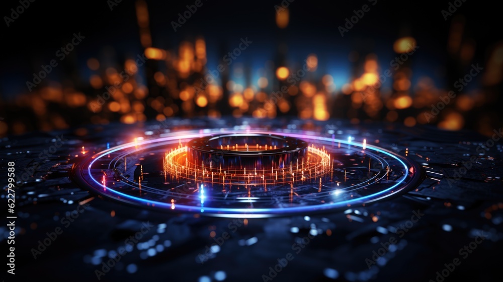 Abstract hud interface futuristic blue and yellow circle interface background on black. High technology background with circle portals, teleport, holograms.