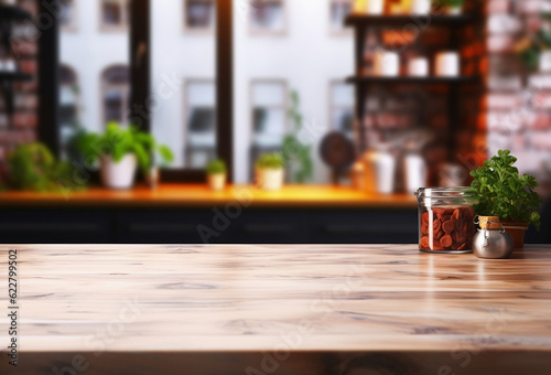 Wood table top on blurred kitchen background.