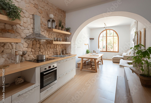 Renovated kitchen area with white furniture and arched entrance 