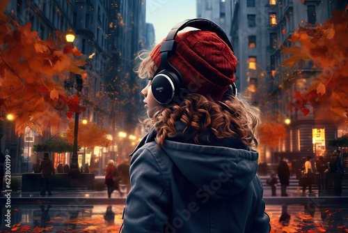 7-8 years old girl in trendy clothes listens to the music from her smartphone in the headphones outdoors. Back view.