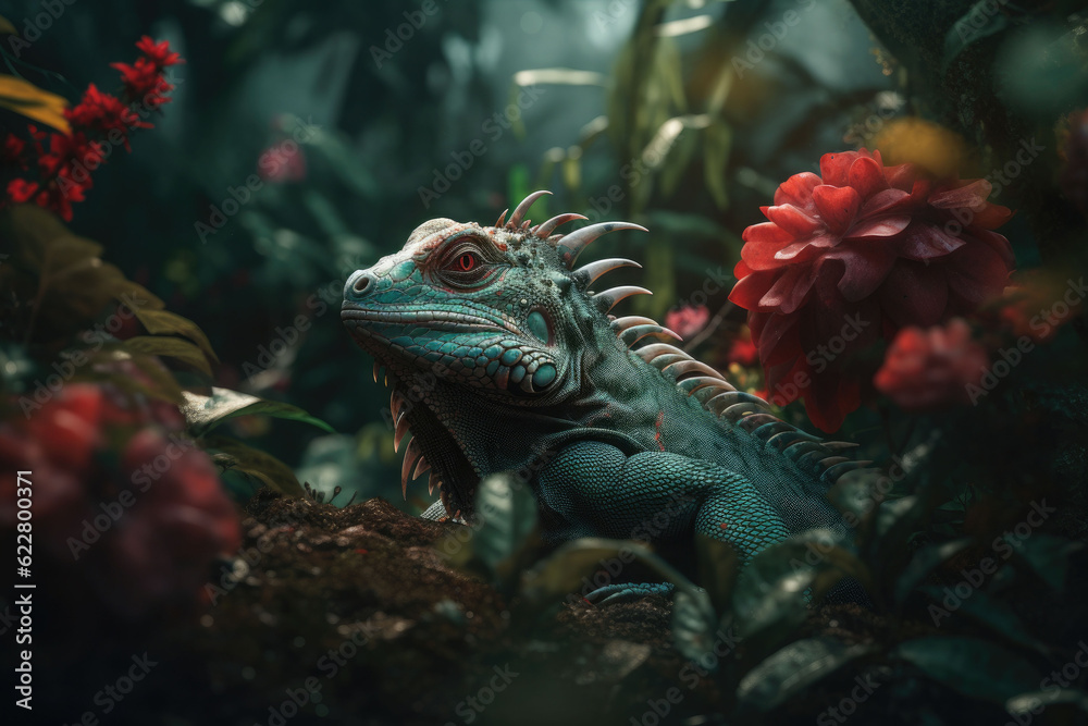 Iguana in the tropical rainforest. Lizard in the jungle. Generative AI Iguana in the tropical rainforest. Lizard in the jungle. Generative AI