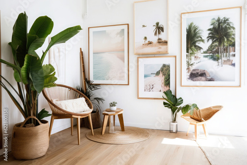 Frames in home interior. Room in boho style with natural wooden furniture and plants. Generative AI