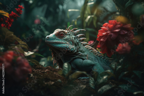 Iguana in the tropical rainforest. Lizard in the jungle. Generative AI © barmaleeva