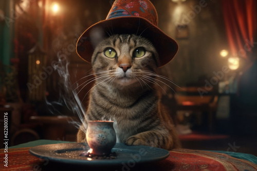 A fortune teller cat with a with tarot cards and candle. Generative AI photo