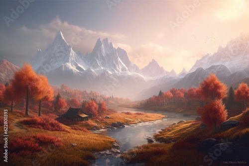 Fantasy landscape with mountain and meadow. Magic hills. Mystic Mountain Landscape. Generative AI