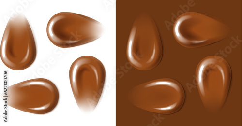 Hydrating cacao brown sunscreen face cream texture. Chocolate fluid revitalising lotion serum smear. Cosmetic skincare product for dark tanned skin. Realistic vector illustration.