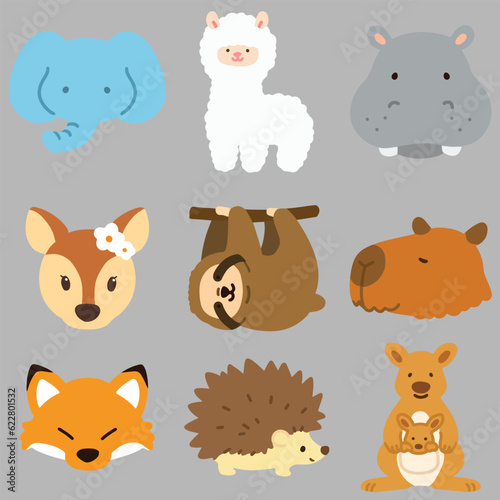 Set of flat colored cute and simple animal faces illustrations